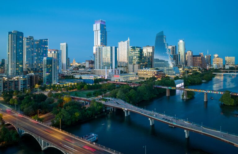 Aerial view of Austin city with river and skyscrapers in Texas