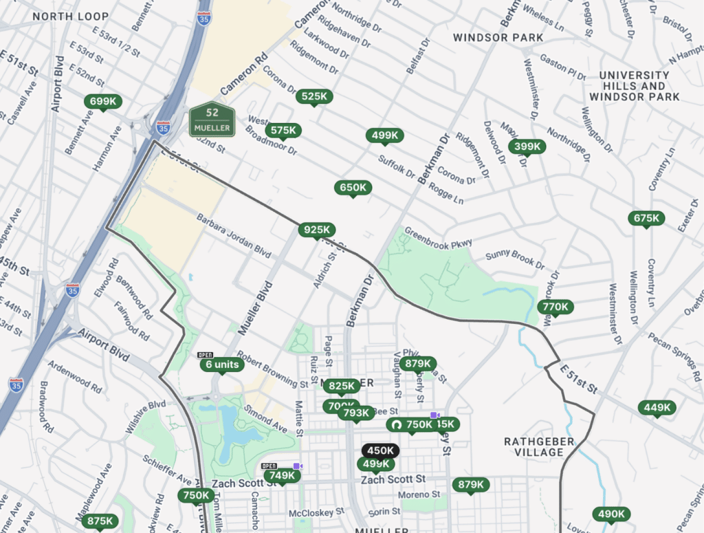 Map showing surrounding Mueller listing prices